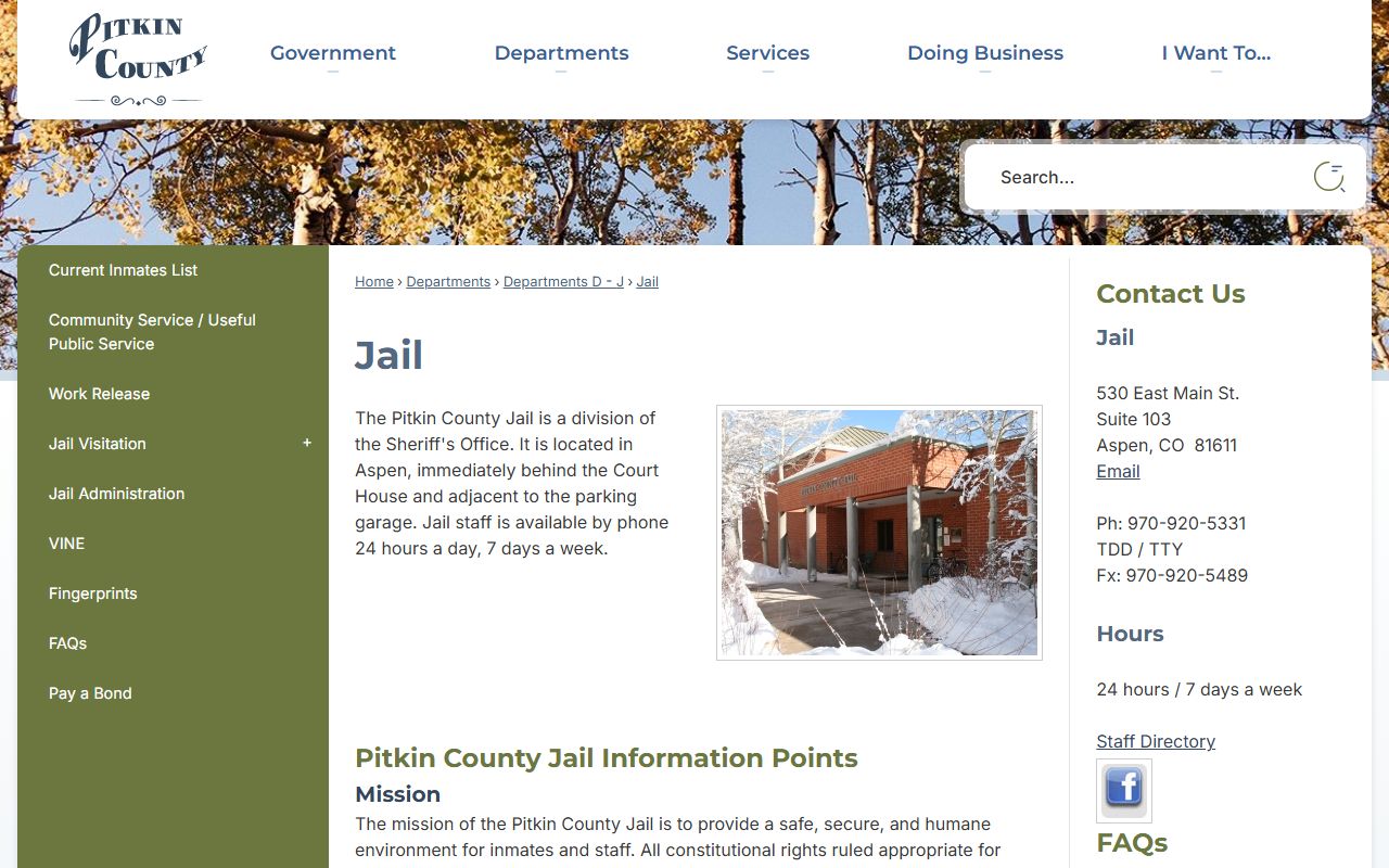 Pitkin County jail page for inmate population and current inmate lookup