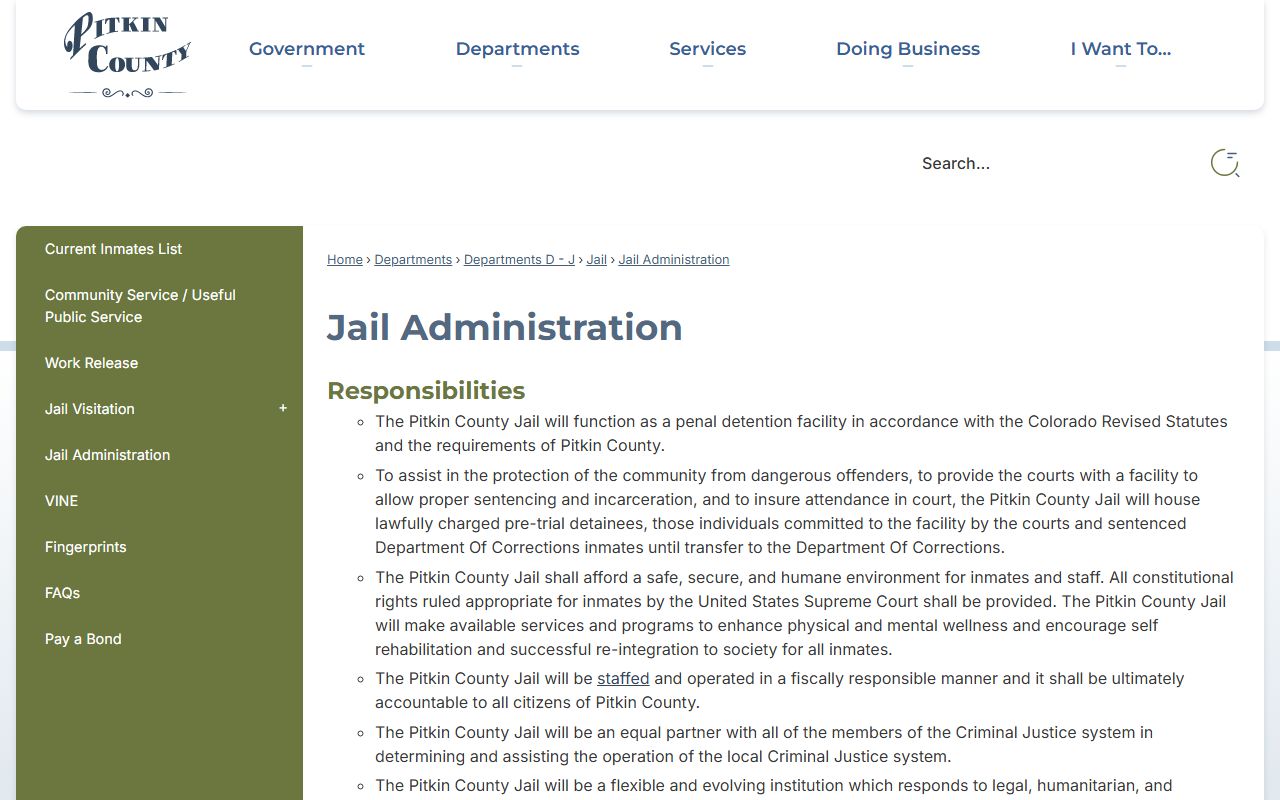 Pitkin County jail administration page for inmate records and bond hours