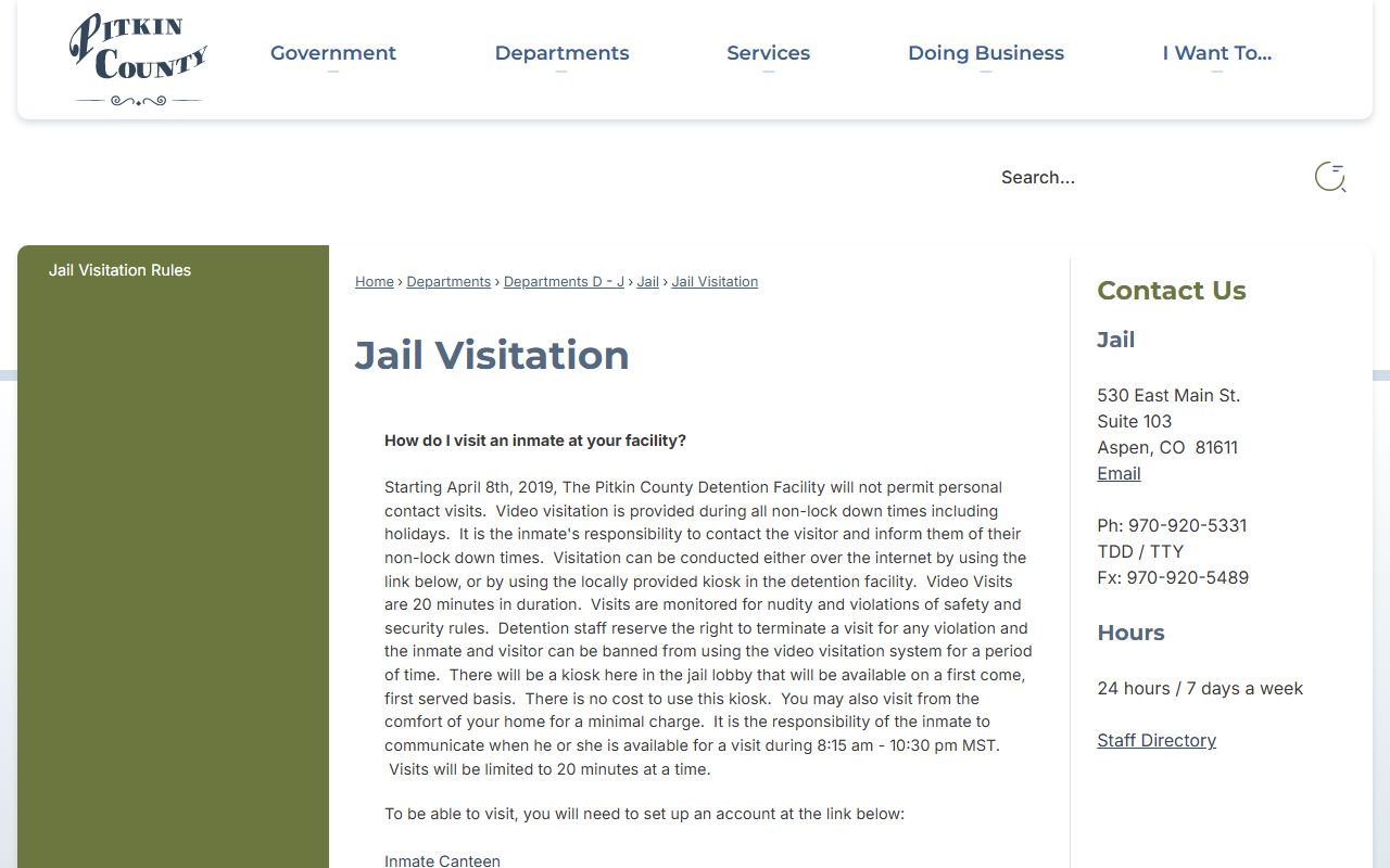 Pitkin County Jail visitation page for inmate video visits